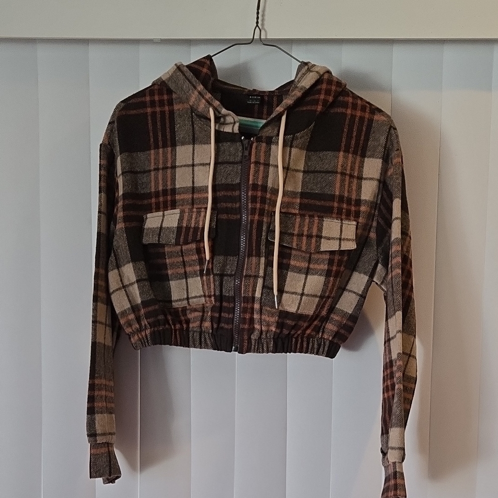 SHEIN Brown Plaid Crop Bomber Jacket